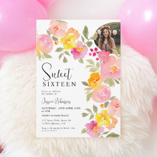 Boho Blommig Rosa Akvarell Skript Foto Sweet 16 Inbjudningar