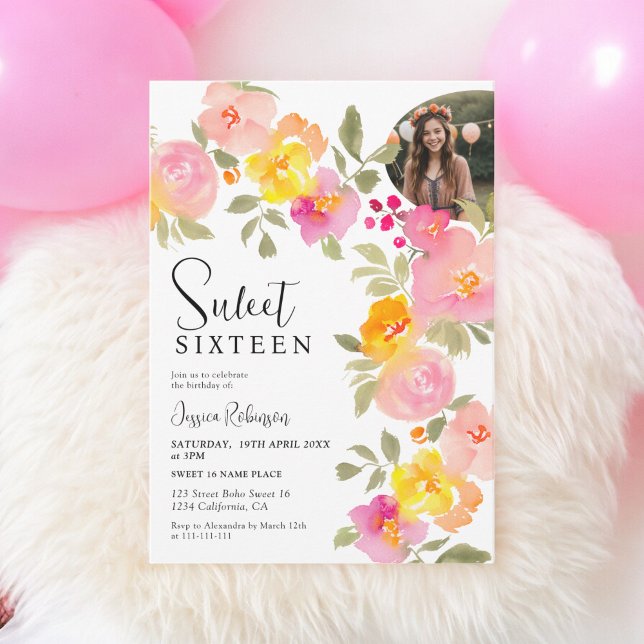 Boho Blommig Rosa Akvarell Skript Foto Sweet 16 Inbjudningar (Boho Floral Pink Watercolor Script Photo Sweet 16 Invitation)