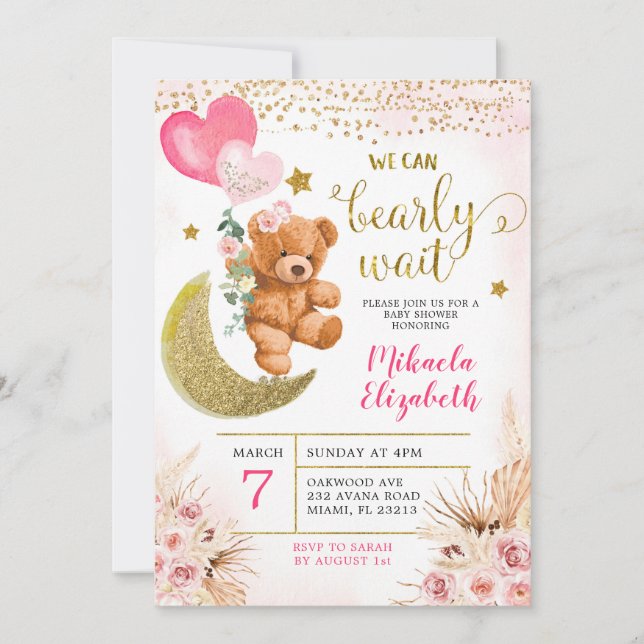 Boho Blommig Rosa Nästan Väntar Bebis Kalas Inbjud Inbjudningar (Framsida)