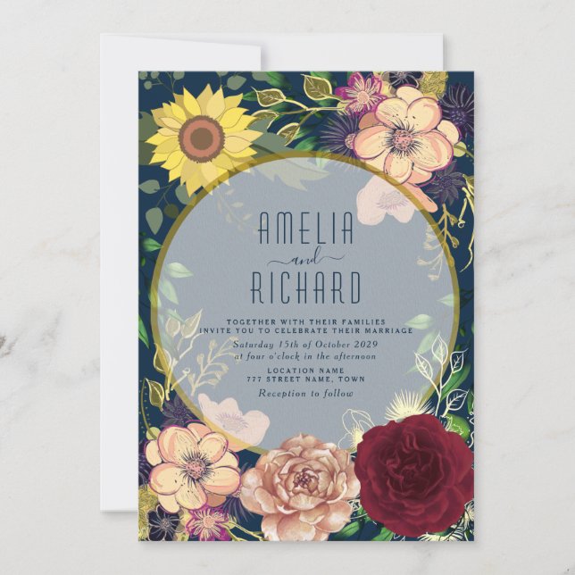 Boho Blommig Rosa och Marinblå Bröllopsinbjudan Inbjudningar (Framsida)