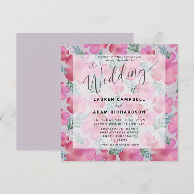 Boho Blommig Rosa Vattenfärg Bröllopsinbjudan (Fram/baksida)