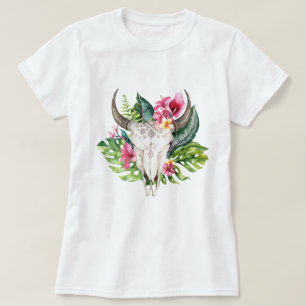 Boho Blommig Skalle Teal Tropisk Ö Paradis T Shirt