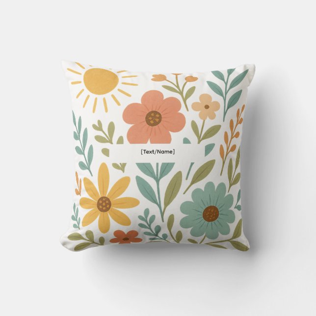 Boho Blommig Sol Kudd | Lägg till Text/Namn Kudde (Framsida)