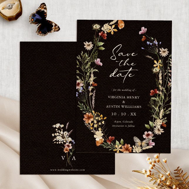 Boho Blommig Spara Datum Datumet (Black Boho Watercolor Floral Save The Date Monogrammed by Painted Paperie
)