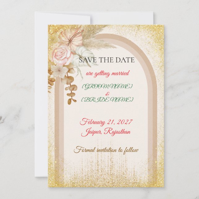 Boho Blommig Spara Datum-kort med Guldgnistor Datumet (Framsida)