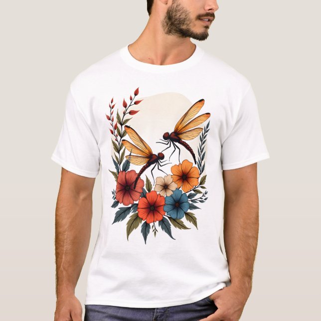 Boho Blommig Trollslända T Shirt (Framsida)