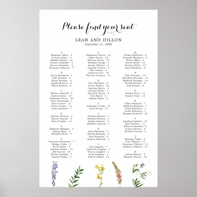 Boho Blommig Vildblomma Bröllop Placeringsplan Poster (Framsidan)