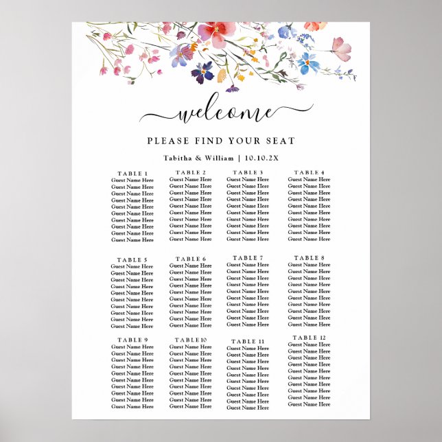 Boho Blommig vildblomma bröllop Placeringsplan Poster (Framsidan)