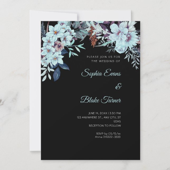 Boho Blommig Vinter Svart Bröllop Inbjudningar (Framsida)