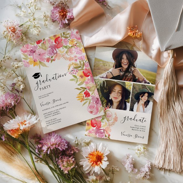 Boho blommiga vildblommor 3 bilder examen inbjudningar (Boho Floral wildflowers 3 photos graduation Invitation)