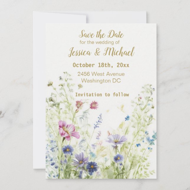 Boho Blommiga Vildblommor Platt Spara Datum Kort (Framsida)