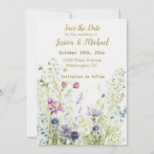 Boho Blommiga Vildblommor Platt Spara Datum Kort