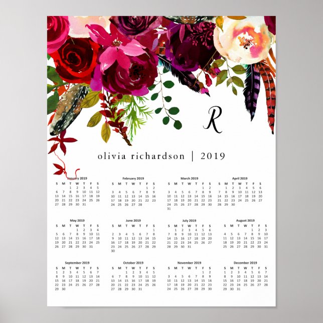 Boho Blommigt | 2019 Kalender med Monogram Poster (Framsidan)