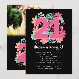 Boho Blommigt 21:a födelsedagsfoto Inbjudan