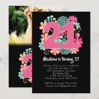 Boho Blommigt 21:a födelsedagsfoto Inbjudan