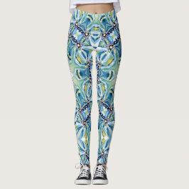 Boho Blommigt Abstrakt Mönster Artistic Blue Gren Leggings
