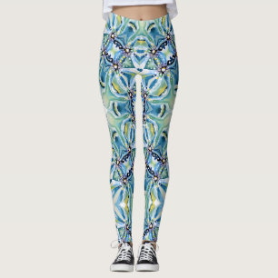 Boho Blommigt Abstrakt Mönster Artistic Blue Gren Leggings