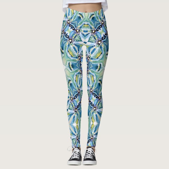 Boho Blommigt Abstrakt Mönster Artistic Blue Gren Leggings (Framsida)