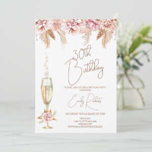 Boho Blommigt and Champagne Glass Birthday Inbjudningar