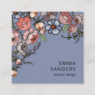 Boho Blommigt and Foliage Dusty Blue Fyrkantigt Visitkort