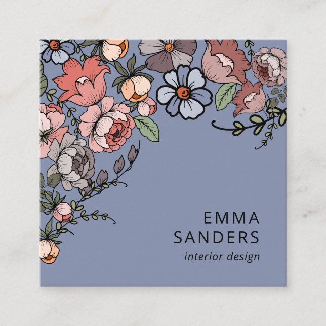 Boho Blommigt and Foliage Dusty Blue Fyrkantigt Visitkort (Framsida)
