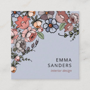Boho Blommigt and Foliage Dusty Blue Fyrkantigt Visitkort
