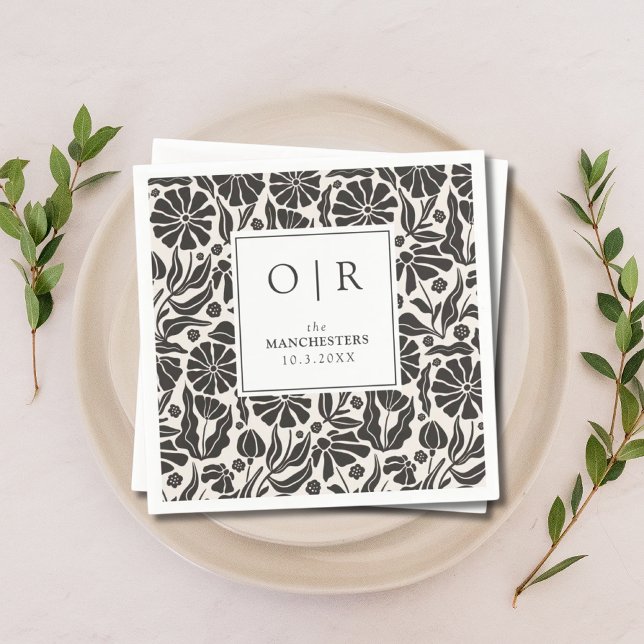 Boho Blommigt Anpassningsbar Black Bröllop Botanic Pappersservett (Boho Floral Custom Black Wedding Botanical Napkins
)