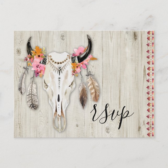 Boho Blommigt Antler Skull Rustic Wood OSA Bröllop Vykort (Framsida)