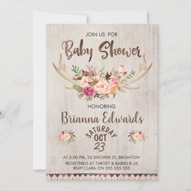 Boho Blommigt Antlers Baby Shower-inbjudan Inbjudningar (Framsida)