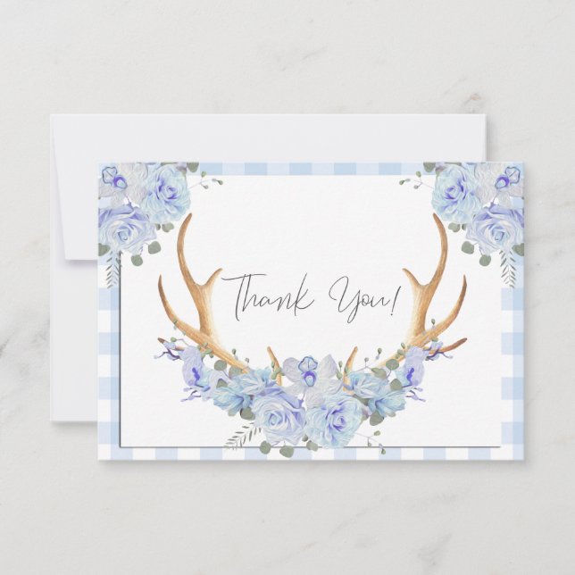 BOHO Blommigt Antlers Blue Gingham Tack Kort (Framsida)