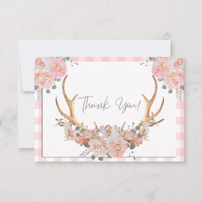 BOHO Blommigt Antlers Coral Gingham Tack Kort (Framsida)