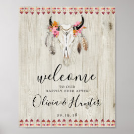 Boho Blommigt Antlers Cow Skull Välkommen Bröllop Poster