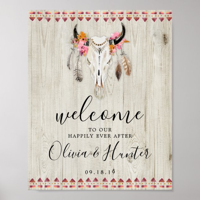 Boho Blommigt Antlers Cow Skull Välkommen Bröllop Poster (Framsidan)