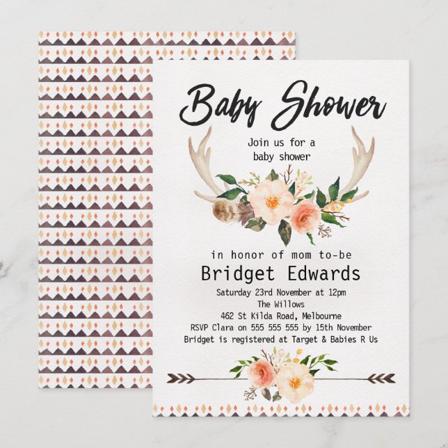Boho Blommigt Antlers Neutralt Baby Shower-inbjuda Inbjudningar (Fram/baksida)