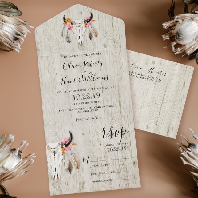 Boho Blommigt Antlers Skull Wood Bröllop (Skapare uppladdad)