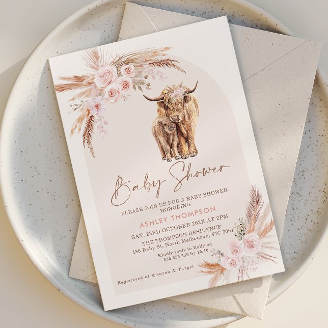 Boho  Blommigt Arch Heliga Cow Baby Shower Inbjudningar (Holy Cow Baby Shower Invitation Template Girl, Pink Highland Cow baby Shower Invitation, Boho Floral)