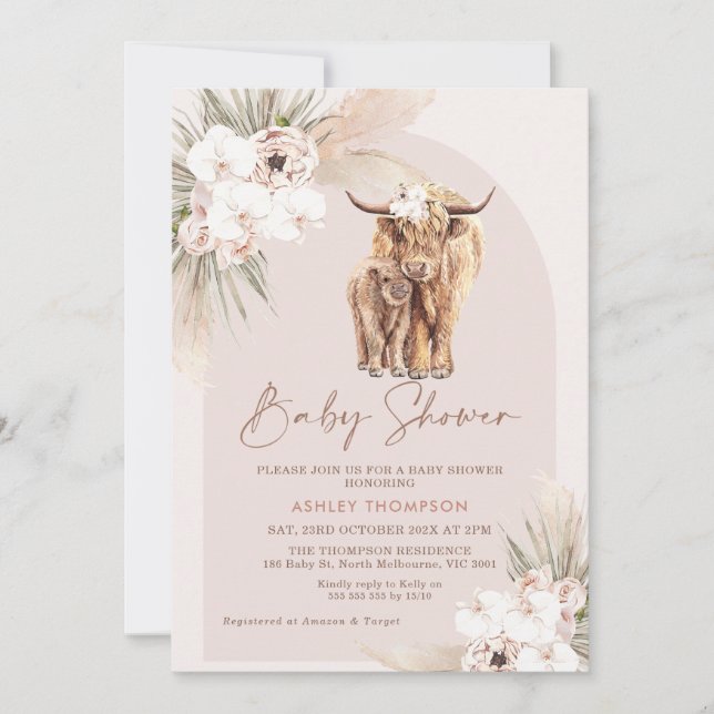  Boho Blommigt Arch Highland Cow Baby Shower Inbjudningar (Framsida)