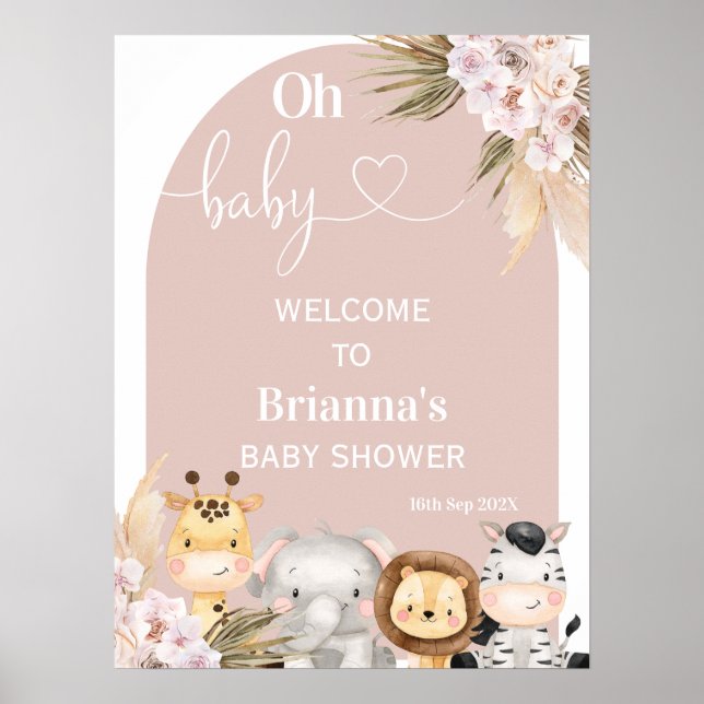  Boho Blommigt Arch Safari Baby Shower Välkommen Poster (Framsidan)