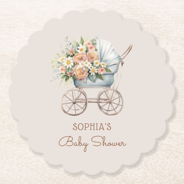 Boho Blommigt Baby Carriage Baby Shower Underlägg Papper (Framsida)
