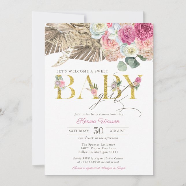 Boho Blommigt BABY Pampas & Handflatan Girl Baby S Inbjudningar (Framsida)