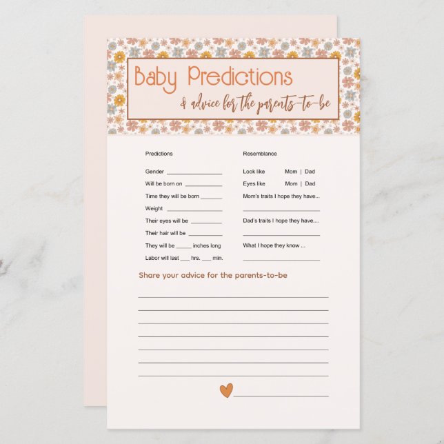 Boho Blommigt Baby Predictions Advice Card-spel (Fram/baksida)