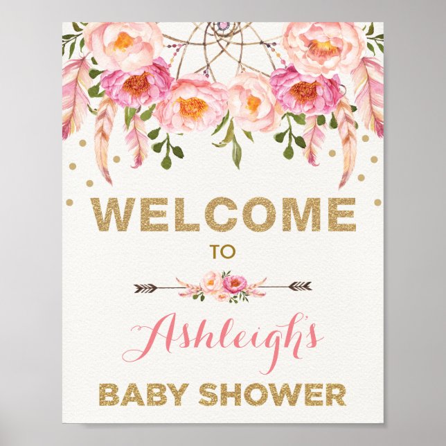 Boho Blommigt Baby Shower  Dreamcatcher Välkommen Poster (Framsidan)