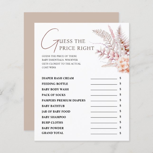 Boho Blommigt Baby Shower gissar den Prisa Högerna (Fram/baksida)