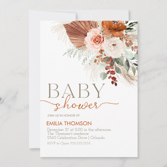 Boho Blommigt Baby Shower Inbjudningar (Framsida)