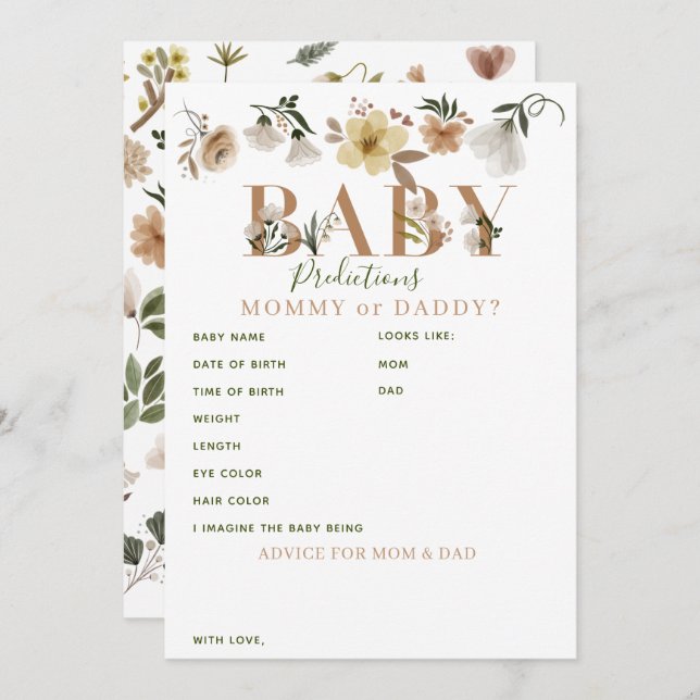 Boho Blommigt Baby Shower Predications & Advice Rådkort (Fram/baksida)