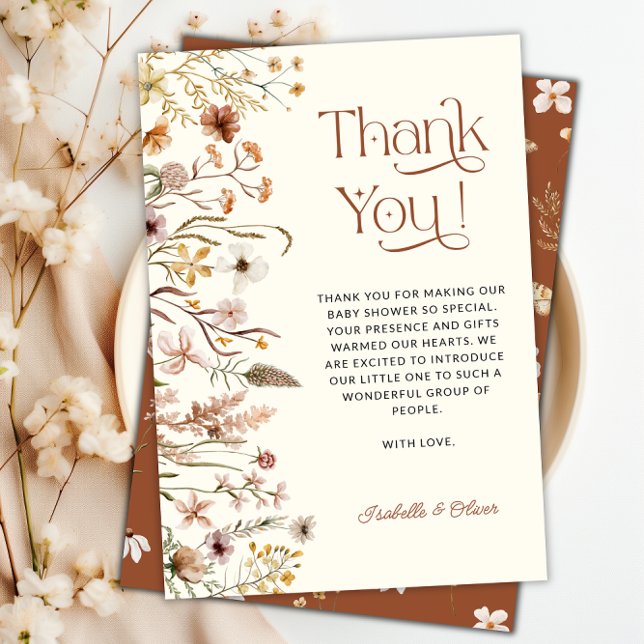 Boho Blommigt Baby Shower Terracotta - tackkort Inbjudningar (Boho Floral Baby Shower Terracotta Thank You Card)