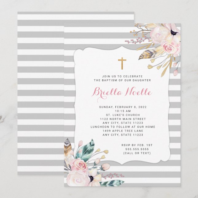 Boho Blommigt Baptism eller första inbjudan till g (Fram/baksida)
