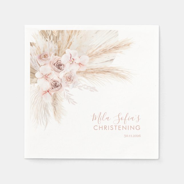 Boho Blommigt Baptism Napkins Girls Christening Ro Pappersservett (Framsidan)