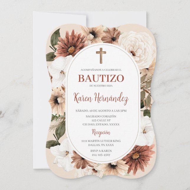 Boho Blommigt Baptism Spansk inbjudan (Framsida)