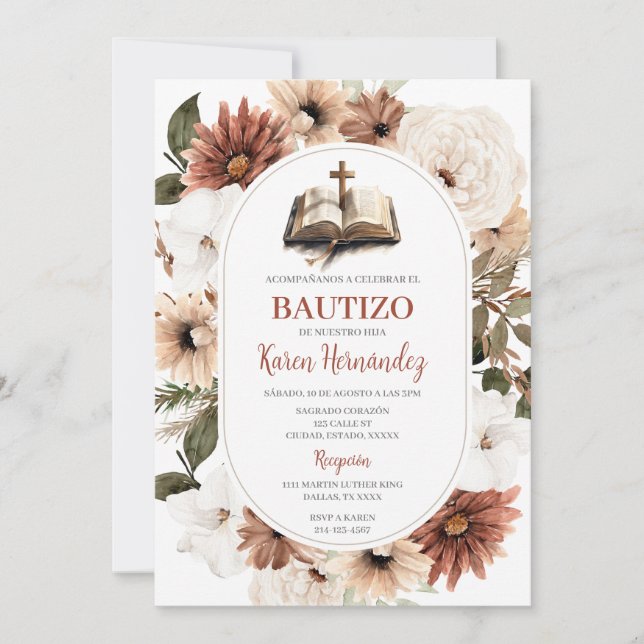 Boho Blommigt Baptism Spansk inbjudan (Framsida)